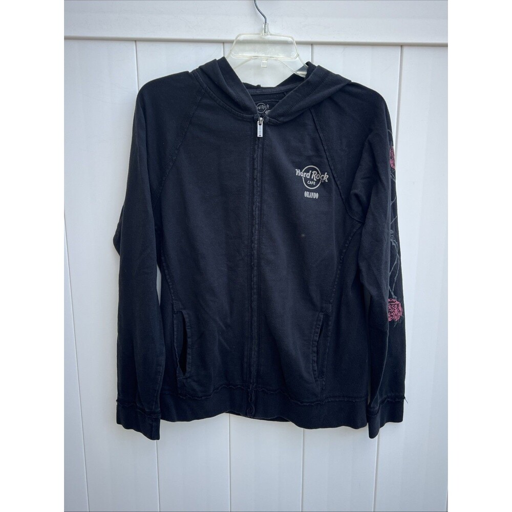 Hard Rock Cafe Orlando Womens Y2K Full Zip Hoodie Size XL Black Grunge